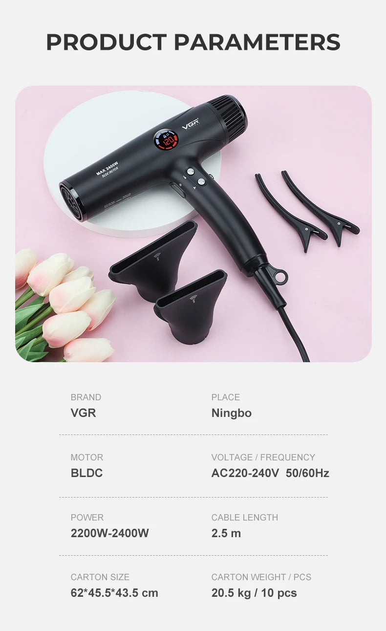 Secador de Pelo Profesional VGR™ V-469 – Motor Sin Escobillas, Potencia y Precisión