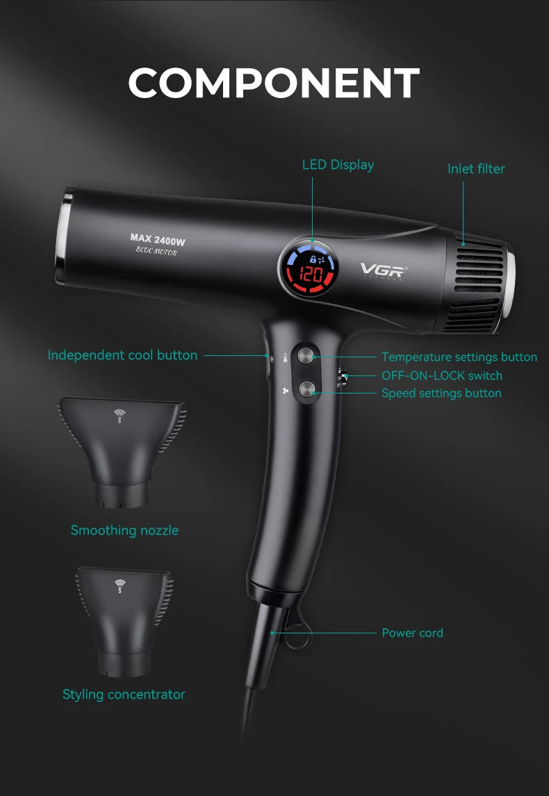 Secador de Pelo Profesional VGR™ V-469 – Motor Sin Escobillas, Potencia y Precisión